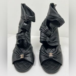 Chanel Ruched Open Toe Leather Camellia Booties Black